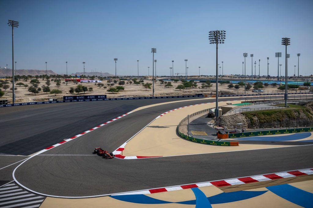 An aerial shot of the Sakhir International Circuit in Bahrain, where Ferrari's Charles Leclerc enters the final sector during F1's 2024 pre-season testing session.