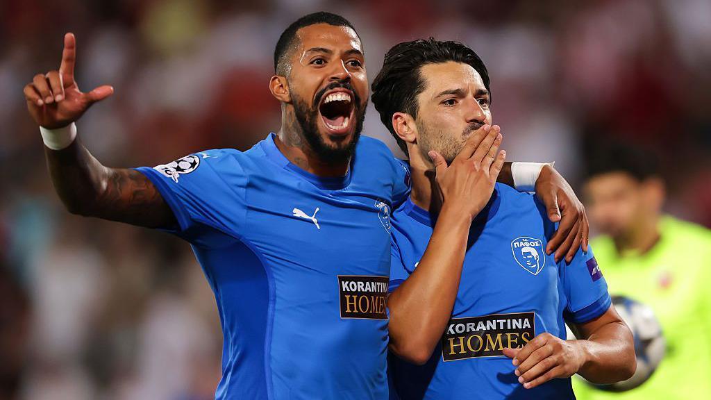 Pepe and Anderson celebrate a Pafos goal at Red Star Belgrade