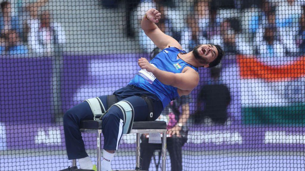 PARIS, FRANCE - SEPTEMBER 02: Yogesh Kathuniya of Team India competes during the Men's Discus Throw F56 Final on day five of the Paris 2024 Summer Paralympic Games at Stade de France on September 02, 2024 in Paris, France. (Photo by Ezra Shaw/Getty Images)
