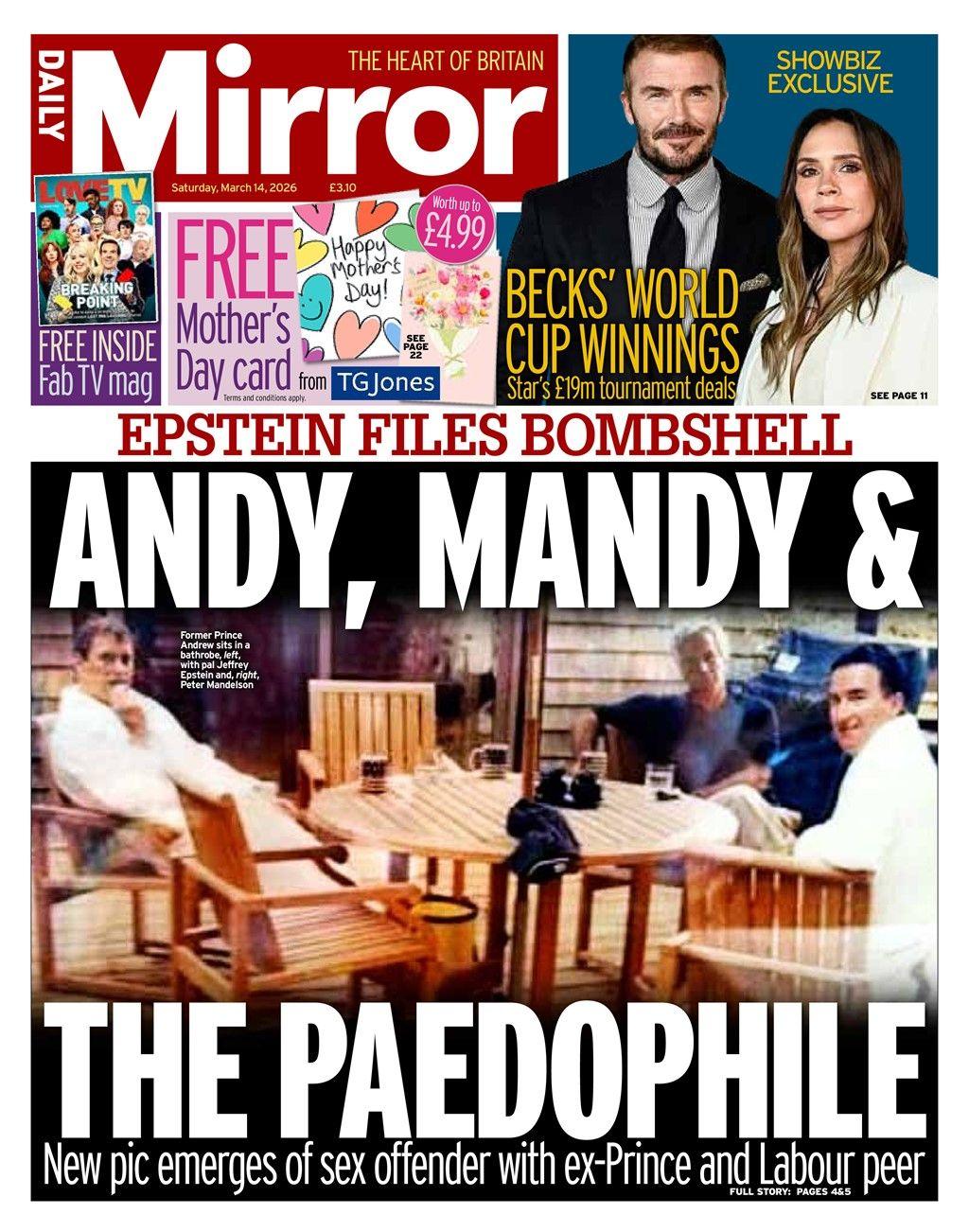 Titulli në faqen e parë të Daily Mirror thotë: "Andy, Mandy dhe pedofili".
