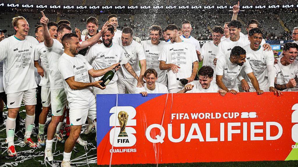 New Zealand's players celebrate after their victory during the World Cup 2026 Oceania qualifiers