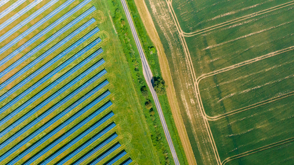 An aerial view of a solar farm