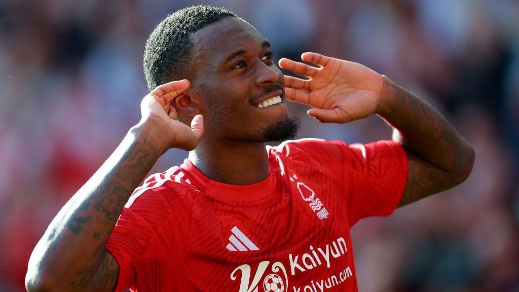 Hudson-Odoi celebrates after scoring for Nottingham Forest against Manhcester City in the Premier League
