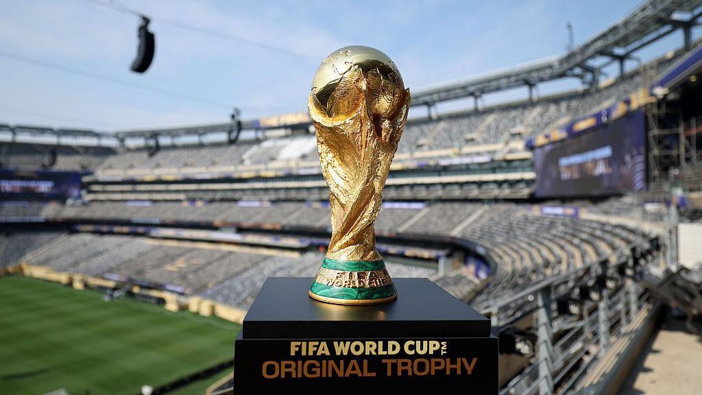 A general view of New York New Jersey Stadium and the World Cup trophy