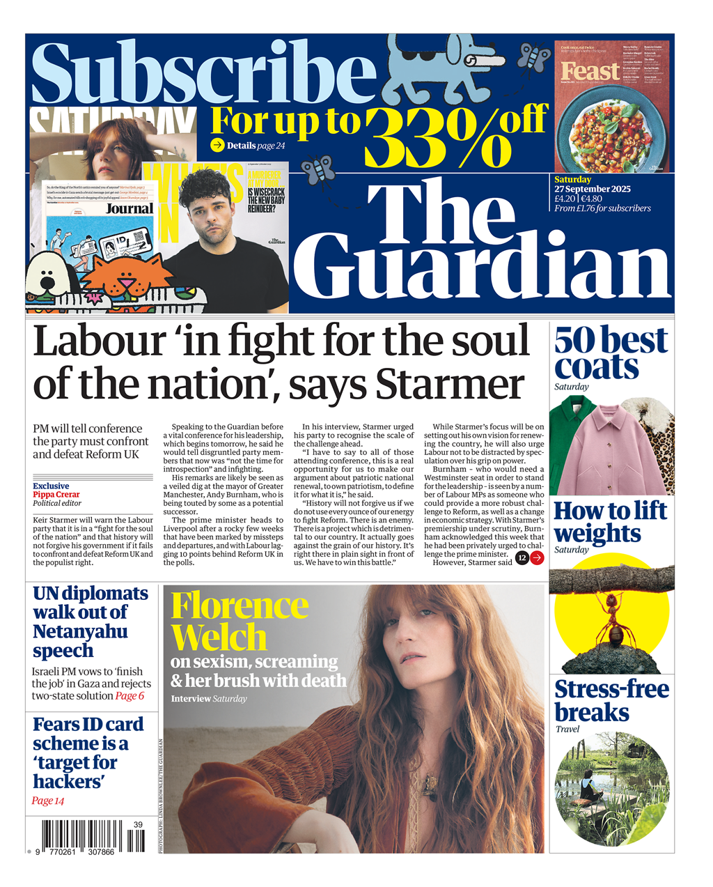 The headline on the front page of the Guardian reads: "Labour 'in fight for the soul of the nation', says Starmer".