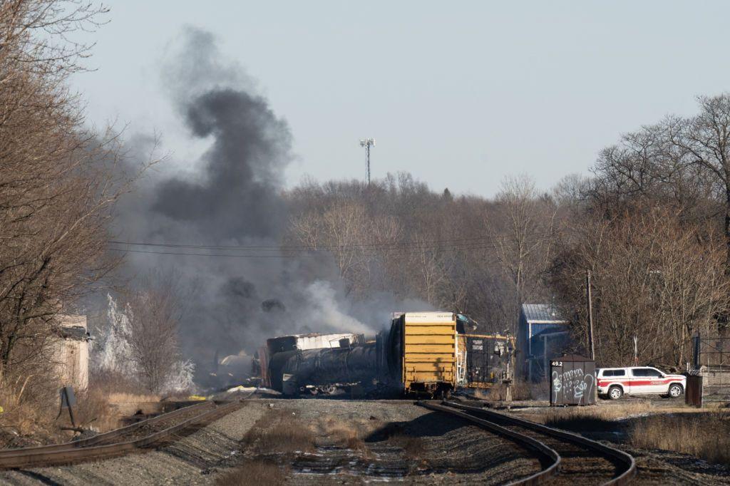 Smoke billows from a derailed Norfolk Southern train in East Palestine on 3 February 2023.