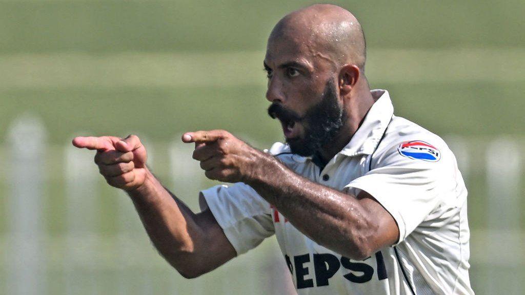 Pakistan spinner Sajid Khan celebrates taking a wicket