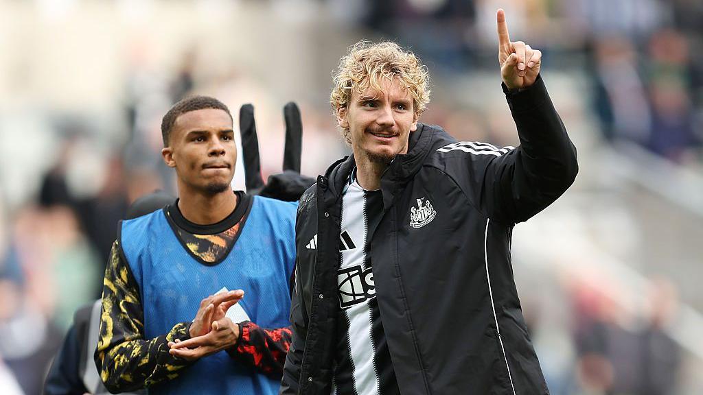 Nick Woltemade acknowledges the fans after Newcastle United's win against Wolverhampton Wanderers at St James' Park on 13 September, 2025