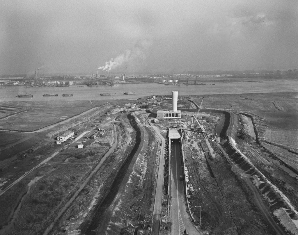 High angle view showing the Dartford side of the western tunnel of the Dartford Tunnel, the two-lane bore tunnel crossing the River Thames. (1963)