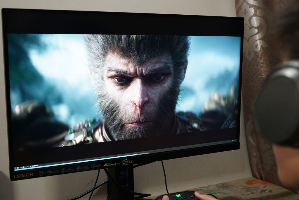 The face of an anthropomorphic monkey video game character on a computer screen