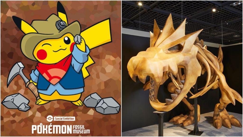 A Pokémon fossil museum poster and one of the fake fossil exhibits