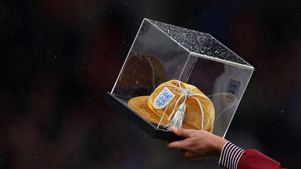 The gold cap received by England captain Harry Kane for his 100th international before the Nations League 2024-25 League B Group B2 match between England and Finland in September 2024