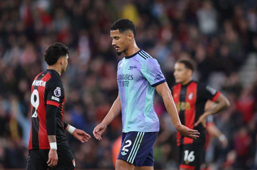 William Saliba walks off the pitch after being sent off versus Bournemouth