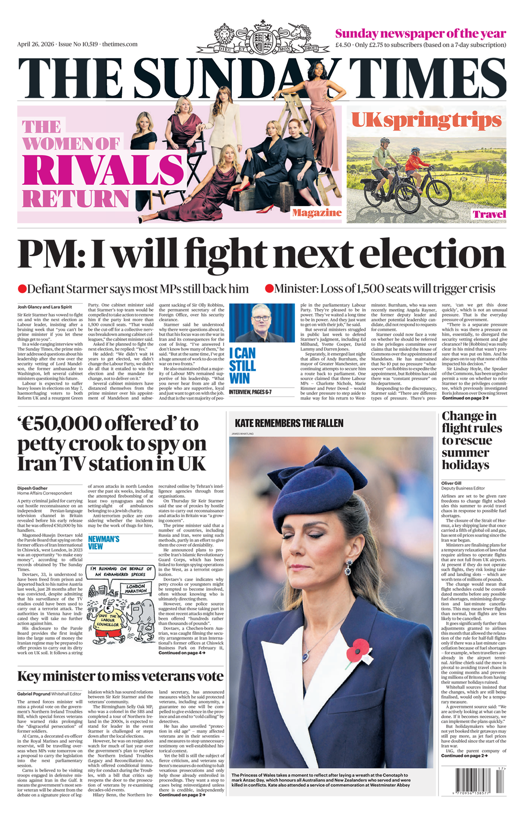 Titulli në faqen e parë të gazetës Sunday Times thotë: “Kryeministri: Do të luftoj në zgjedhjet e ardhshme”.