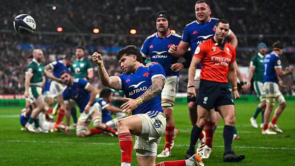 France celebrating after scoring a try against Ireland in the Six Nations opener