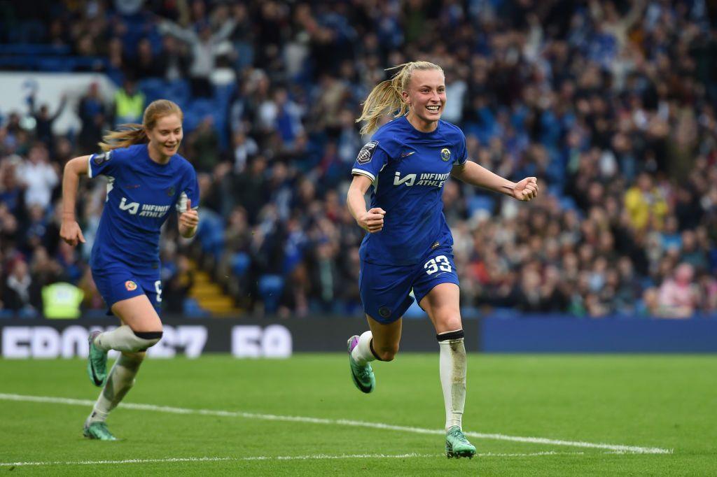 Aggie Beever-Jones celebrates scoring against Liverpool at Stamford Bridge