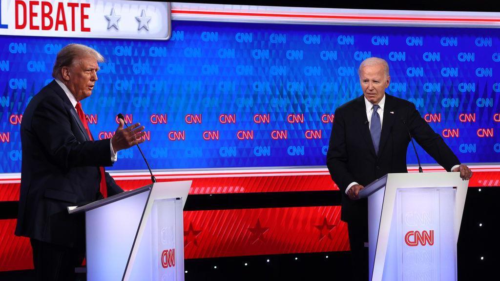 US President Joe Biden and Republican presidential candidate, former US President Donald Trump participate in the CNN Presidential Debate at the CNN Studios on June 27, 2024 in Atlanta, Georgia