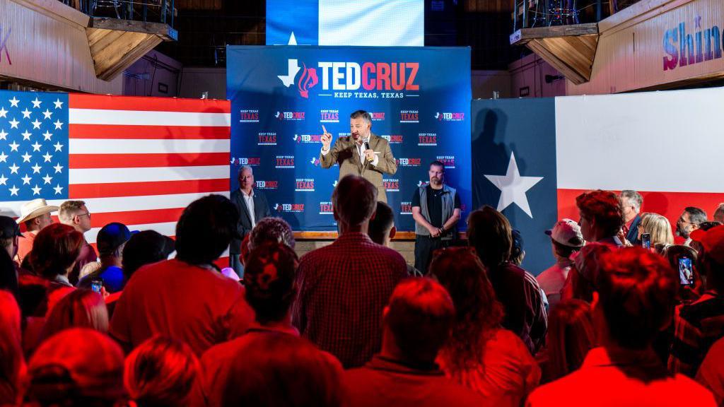 Ted Cruz speaking to into a microphone to a crowd of supporters during a campaign event. The supporters are facing him and are back-lit with red lighting, while Cruz is surrounded by large American and Texas flags on either of his side.