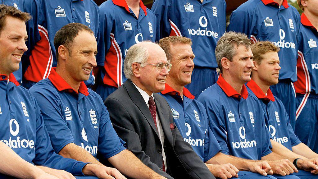 Former Australia Prime Minister John Howard with the England team ahead of their match against the Prime Minister's XI in 2002 
