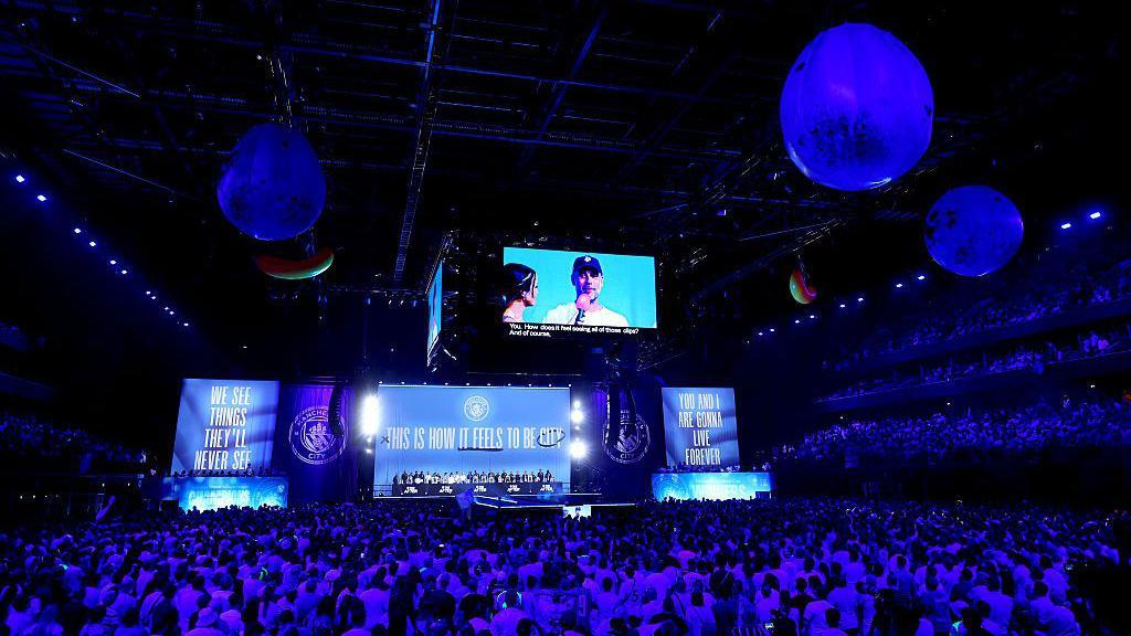 Manchester City fans inside the Co-op Live arena for Pep Guardiola's farewell party