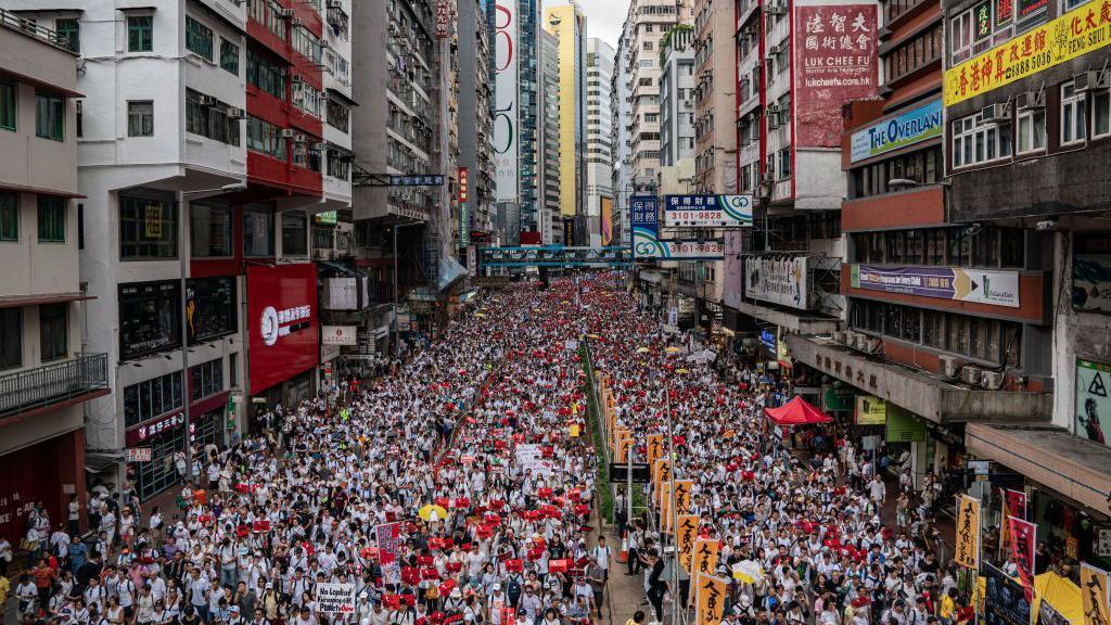 A June 2019 street demonstration where protesters challenged a proposed extradition bill