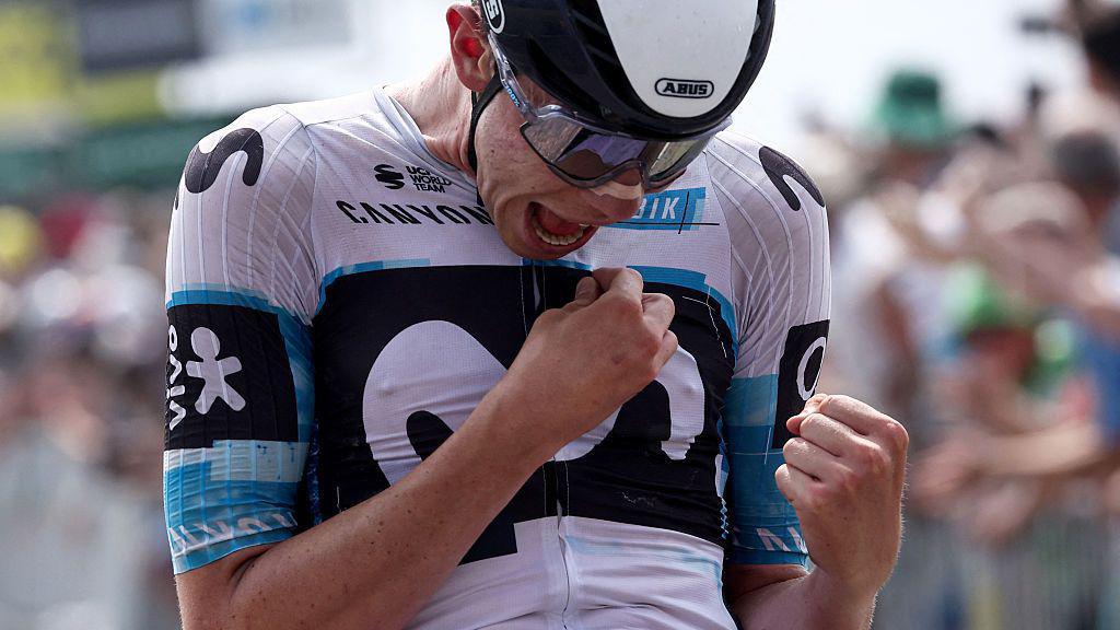 Ivan Romeo celebrates winning stage three of the 2025 Criterium du Dauphine