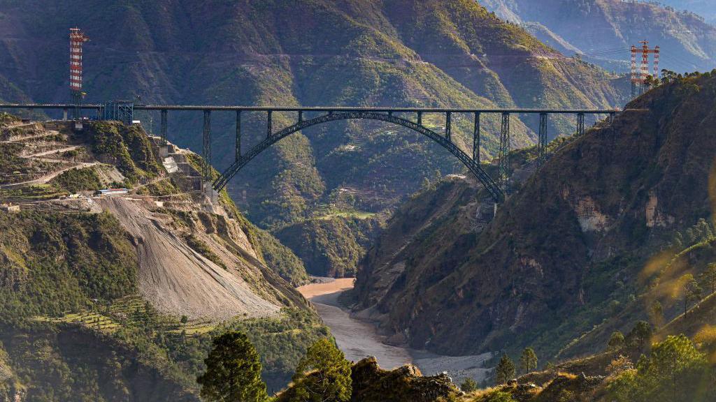 A view of the newly constructed Chenab Bridge on the Udampur-Srinagar-Baramulla-Rail link during its media preview in Reasi district, on March 26, 2023 in Katra, India.