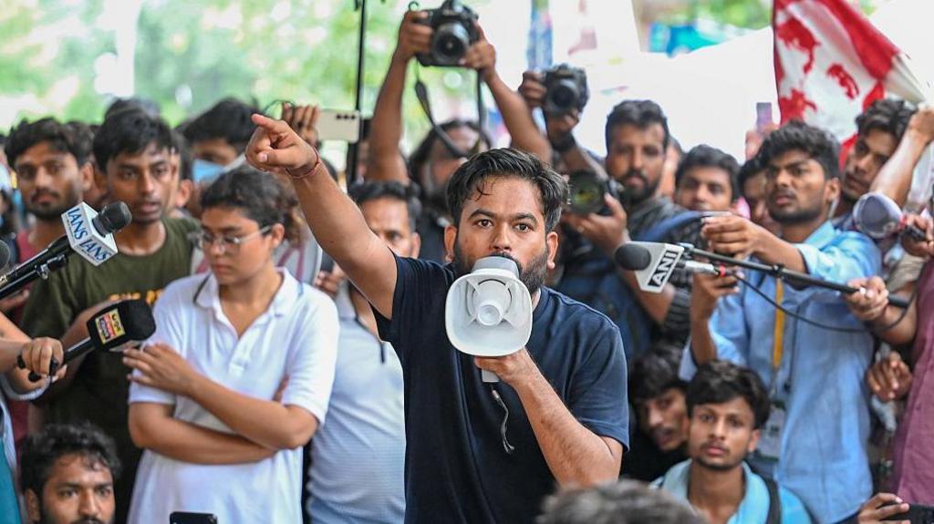 New Delhi, India - July 18, 2026: Cockroach Janta Party (CJP) founder Abhijeet Dipke speaks during the protest against Police at Jantar Mantar after activist Sonam Wangchuk, unseen, was shifted to a hospital for medical care by police on July 18, 2026 in New Delhi, India (Photo by Arvind Yadav/Hindustan Times via Getty Images)