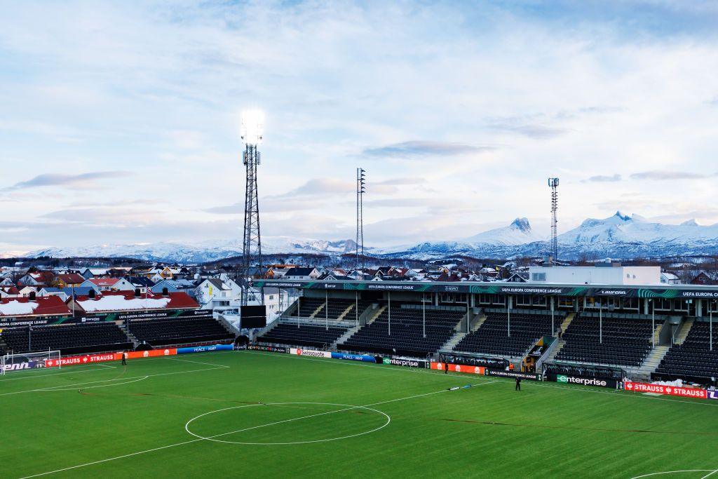Aerial view of the Bodo/Glimt pitch at their stadium in Norway