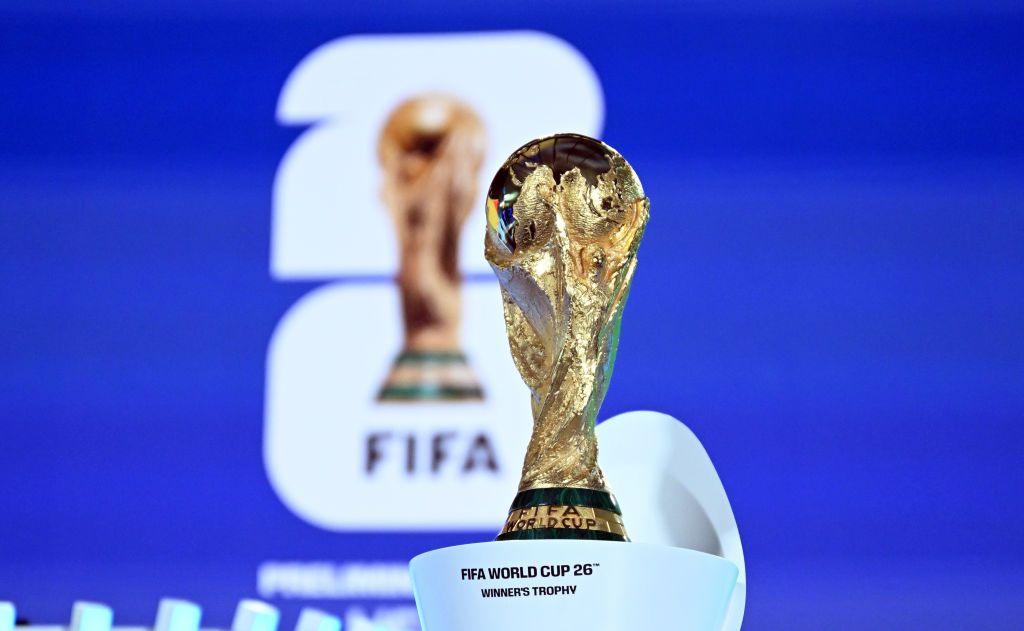 World Cup trophy stands on a plinth