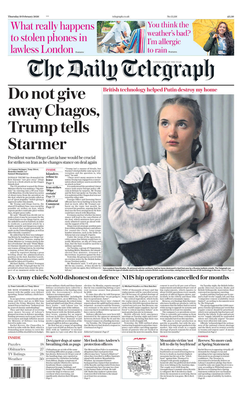 Në faqen e parë të Daily Telegraph shkruan: “Mos e jepni Chagosin, i thotë Trump Starmerit.”