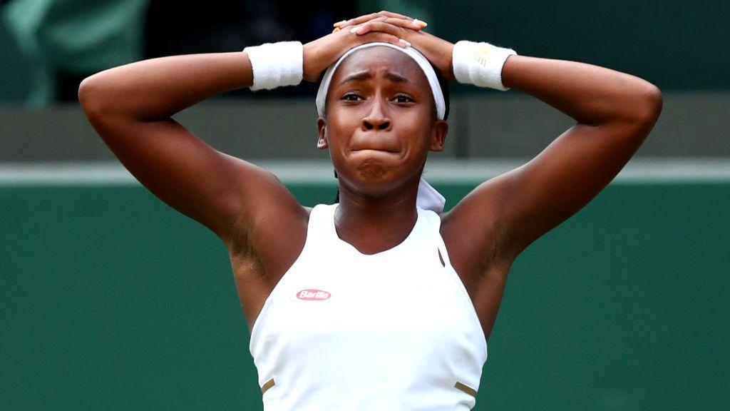 Coco Gauff celebrates winning against Venus Williams at Wimbledon in 2019