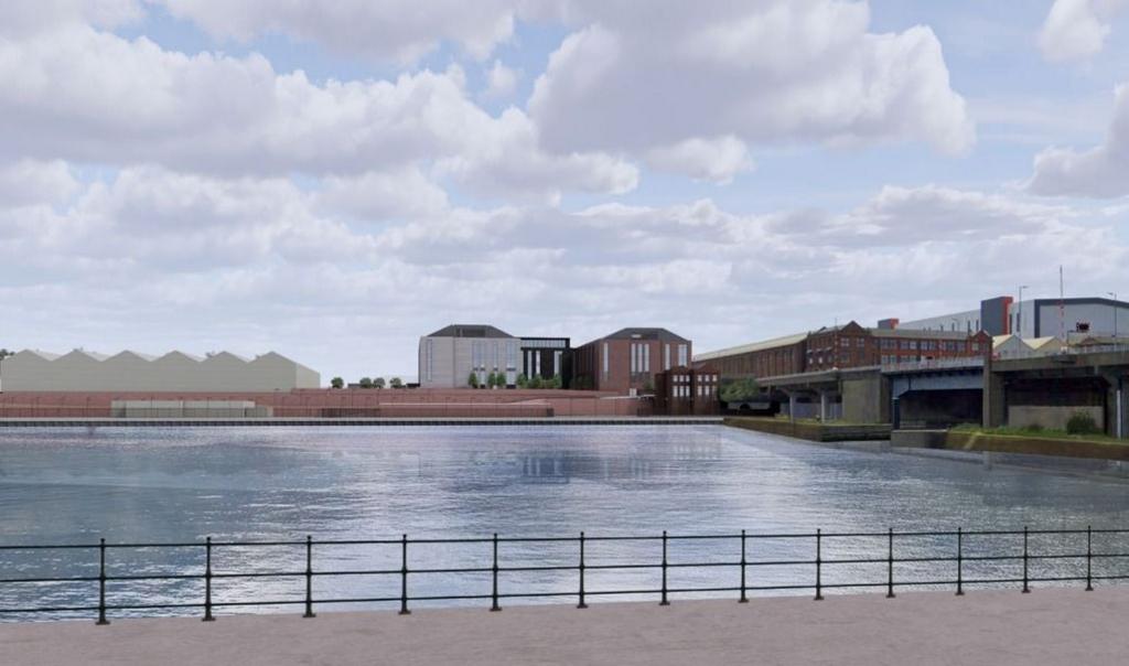 An artist's impression of the facility from across the river. It is a large flat building