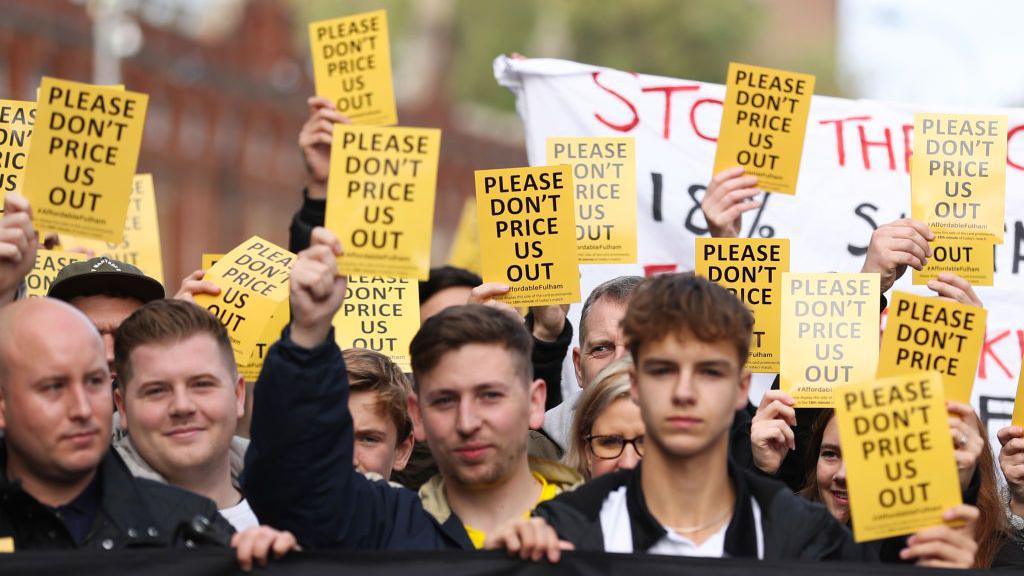 Fulham fans protesting about ticket prices before their Premier League game against Manchester United in November