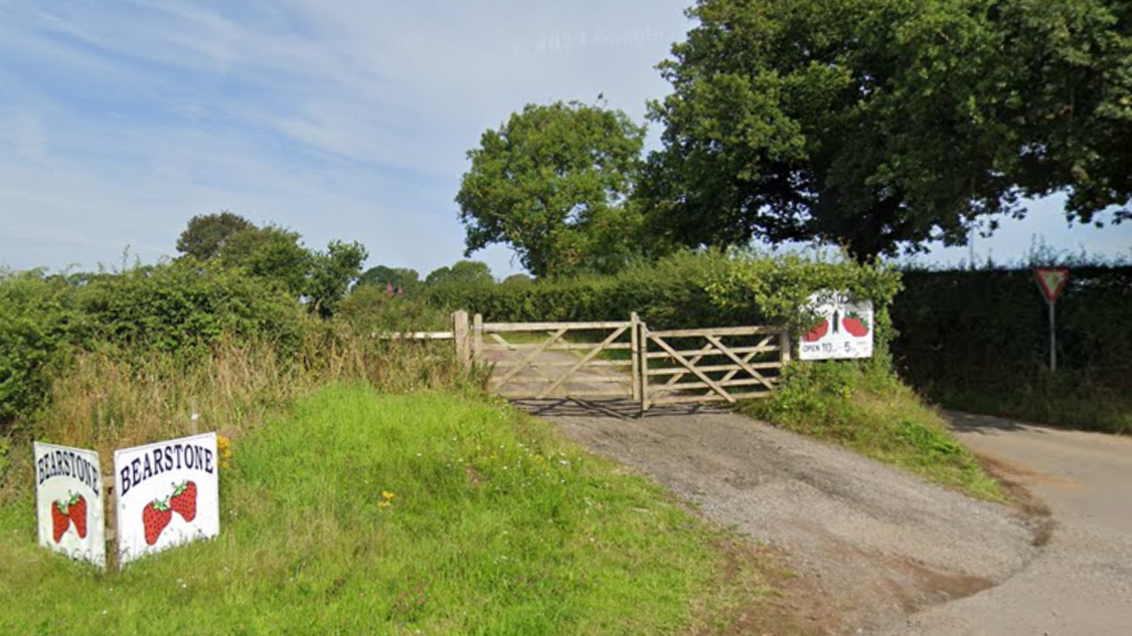 A gate with signs advertising Bearstone fruit farm