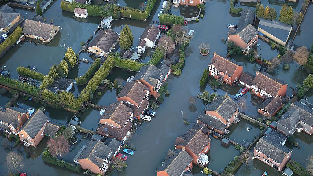 Houses in Blackett Close inundated with flood water on February 16, 2014 in Staines-Upon-Thames