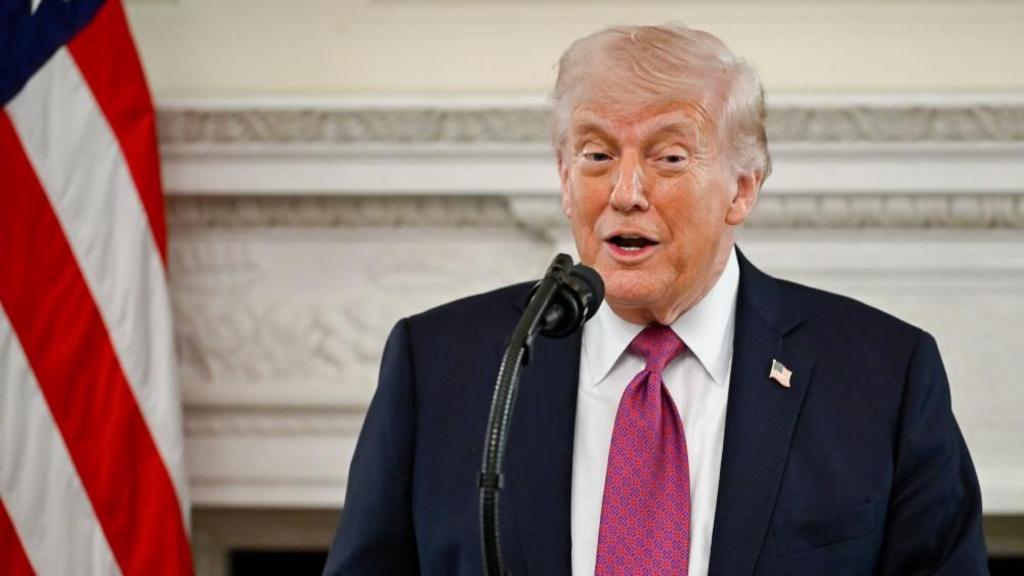 US President Donald Trump speaks in the State Dining Room of the White House in Washington, DC, USA, 21 April 2026.