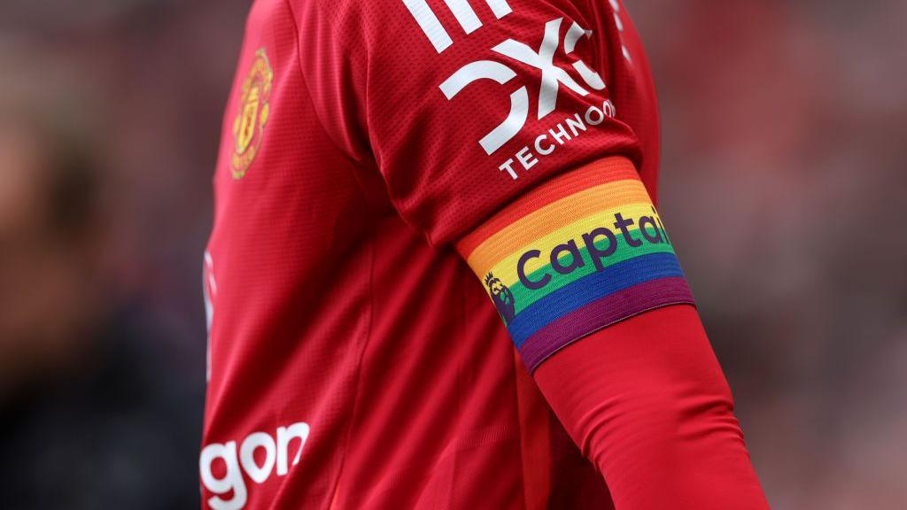 A rainbow captain's armband on the arm of Manchester United's Bruno Fernandes