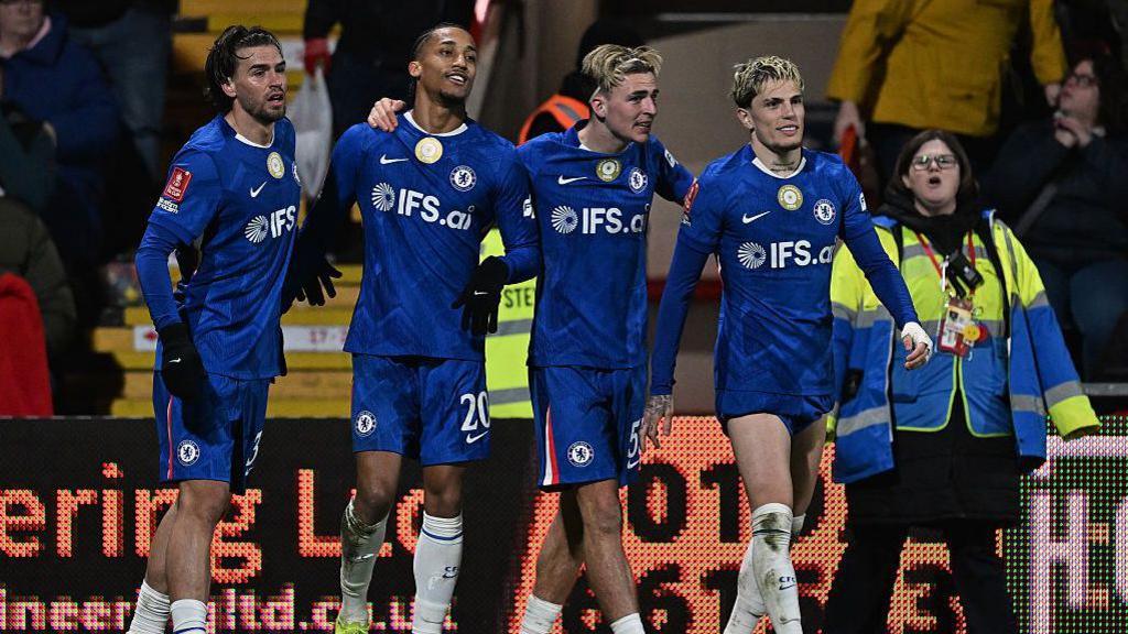 Marc Guiu, Joao Pedro, Jesse Derry and Alejandro Garnacho celebrate an extra-time goal. 