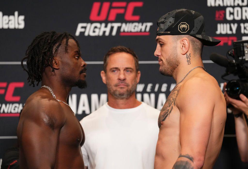 Opponents Abdul Razak Alhassan of Ghana and Cody Brundage face off during the UFC weigh-in at the Sheraton Downtown Denver Hotel on July 12, 2024 in Denver, Colorado. (Photo by Josh Hedges/Zuffa LLC via Getty Images)