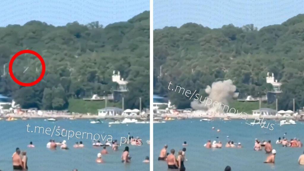 Split picture showing drone coming into beach and plume of smoke