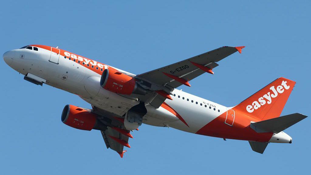 A white and orange Easyjet plane in mid-flight against a bright blue sky