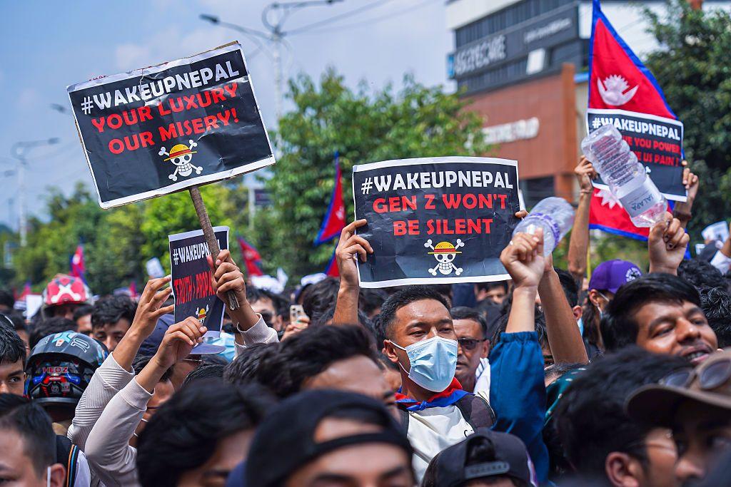 The Gen Z group protests against corruption and the ban on social media platforms by the government in Kathmandu, Nepal, on September 8, 2025. (Photo by Ambir Tolang/NurPhoto via Getty Images)