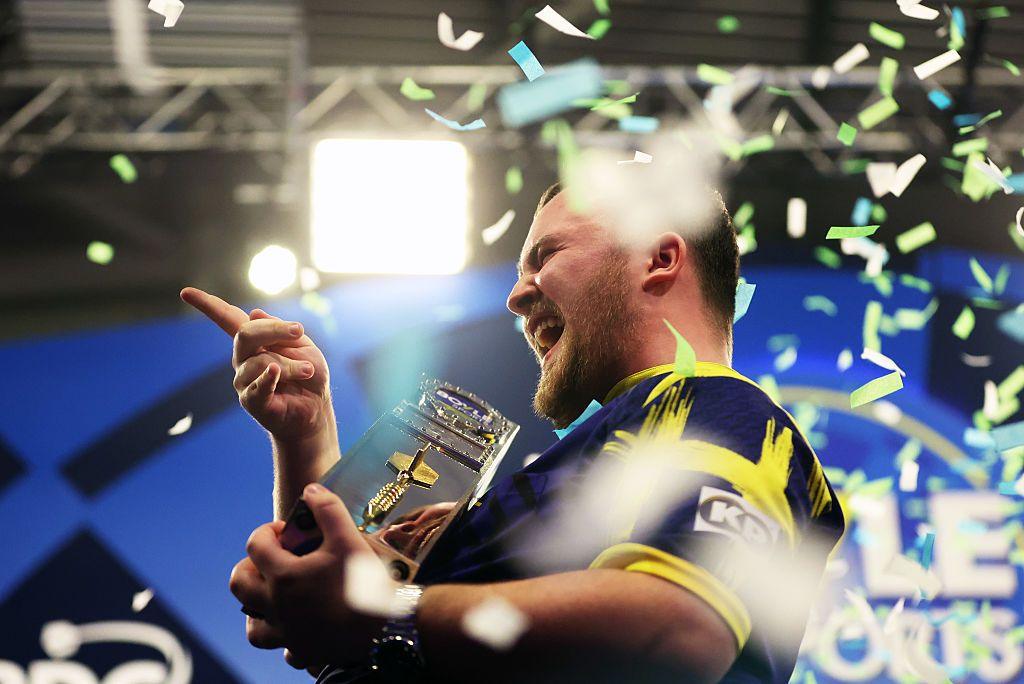 Luke Littler celebrates after beating Luke Humphries to win the World Grand Prix in Leicester