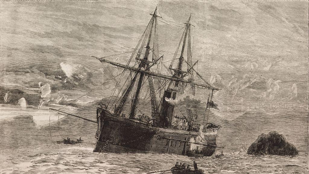 An 1879 etching of the Huascar vessel off the coast of Mollendo, Peru. There are small rowing boats around the base of the ship.