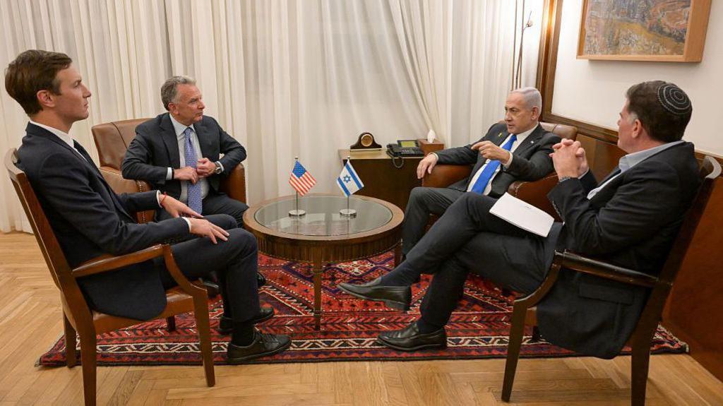 Israeli Prime Minister Benjamin Netanyahu (2nd R) meets with US President Donald Trump's Special Representative for the Middle East Steve Witkoff (2nd L) and Trump's son-in-law and former advisor Jared Kushner (L) in West Jerusalem on October 9, 2025
