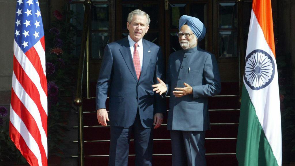 In this picture taken 02 March 2006, US President George W Bush (L) and Indian Prime Minister Manmohan Singh stand next to each other prior to holding a bilateral meeting at Hyderabad House in Delhi. 