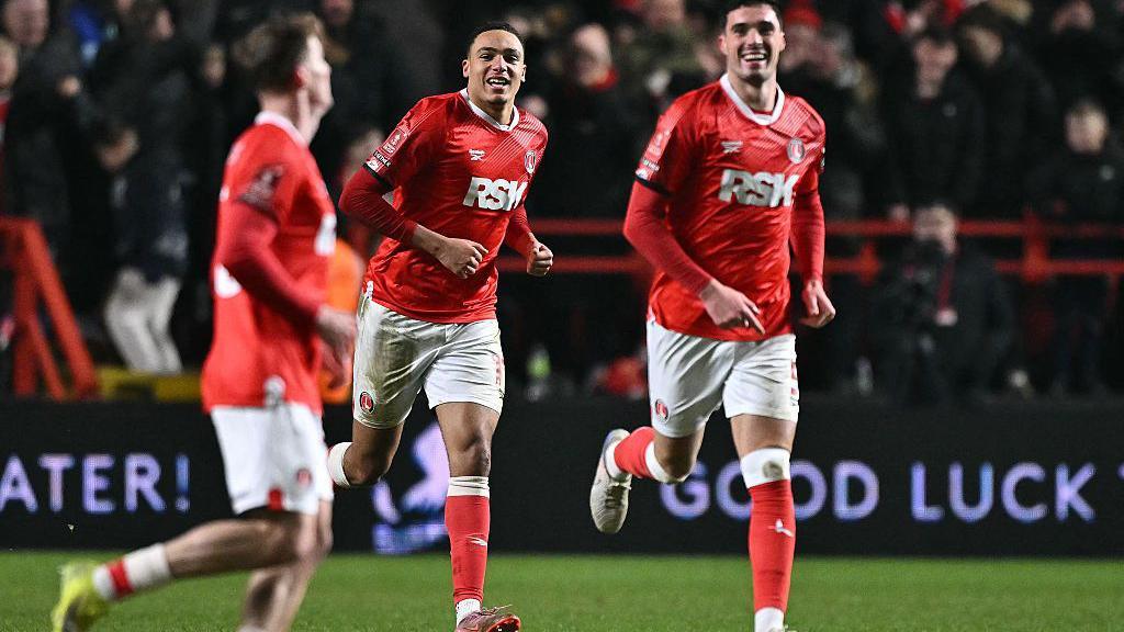 Charlton's Miles Leaburn celebrating his goal against Chelsea with team mates