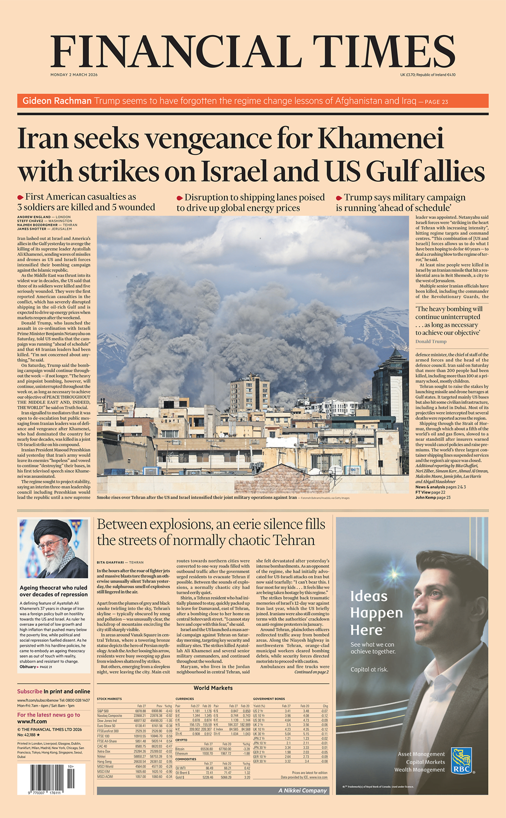 Titulli në faqen e parë të Financial Times thotë: “Irani kërkon hakmarrje për Khamenein me sulme ndaj Izraelit dhe aleatëve të SHBA-së në Gjirin Persik”.