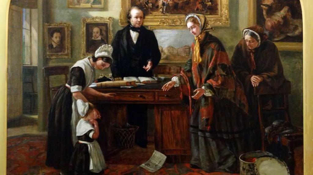 Image showing part of a colour oil painting by Emma Brownlow entitled 'The Foundling restored to its Mother', dated 1858. It shows a foundling child being brought into a room to be reunited with its mother, who has dropped the receipt she received when the child was first admitted in her emotional state